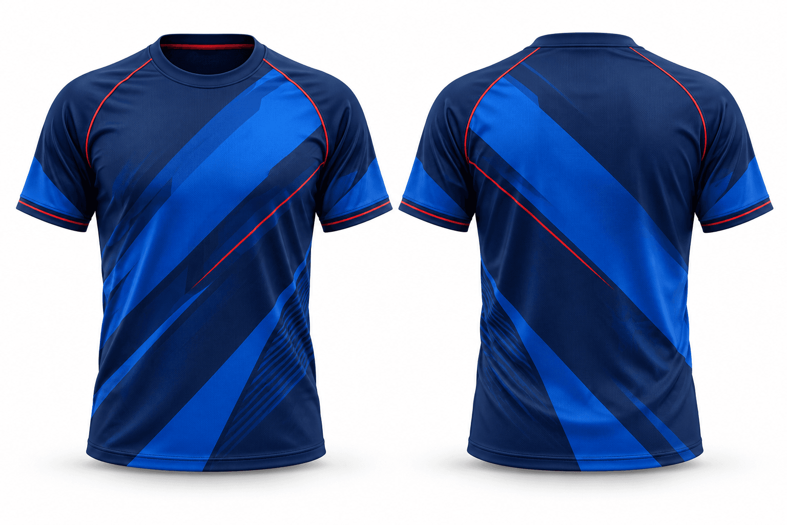 Illustrative 3D render of navy and cobalt jersey, front and back