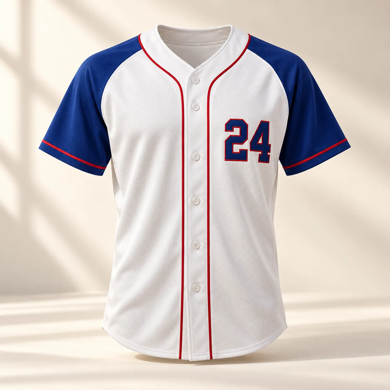 White and cobalt custom baseball jersey with red piping