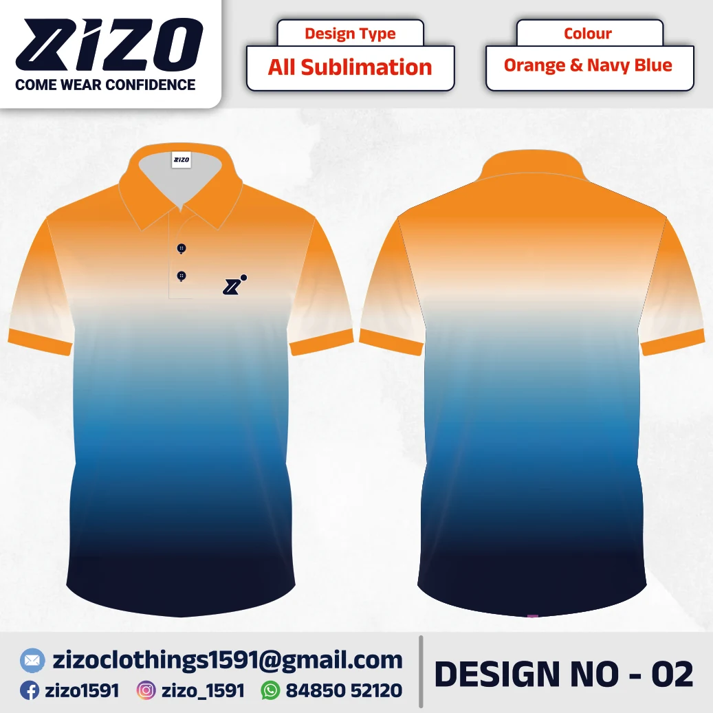 ZIZO T-shirt 02 catalogue mockup showing front and back views in Orange & Navy Blue
