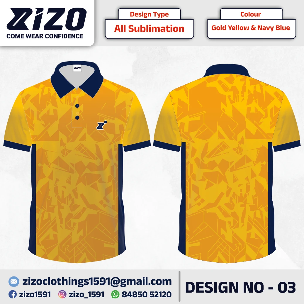 ZIZO T-shirt 03 catalogue mockup showing front and back views in Gold Yellow & Navy Blue