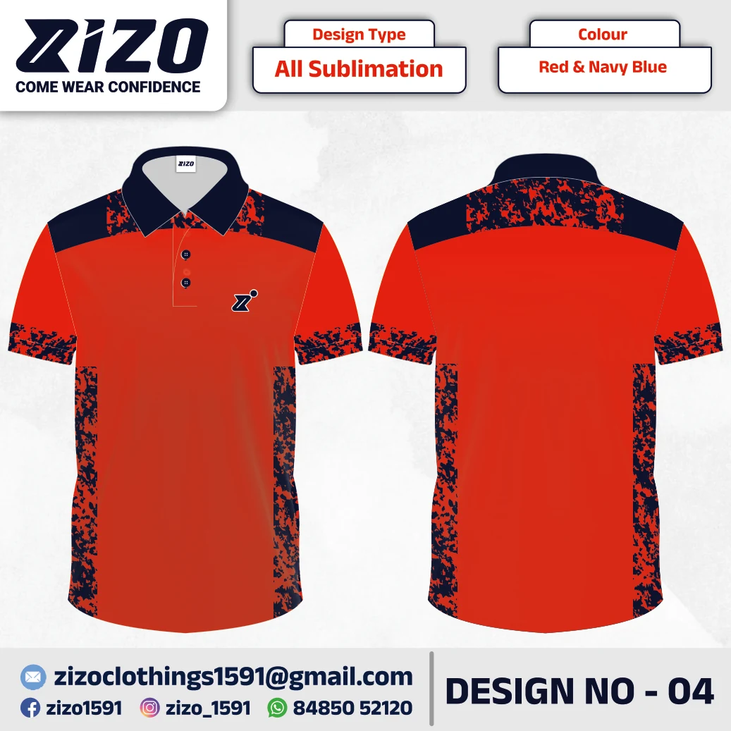 ZIZO T-shirt 04 catalogue mockup showing front and back views in Red & Navy Blue