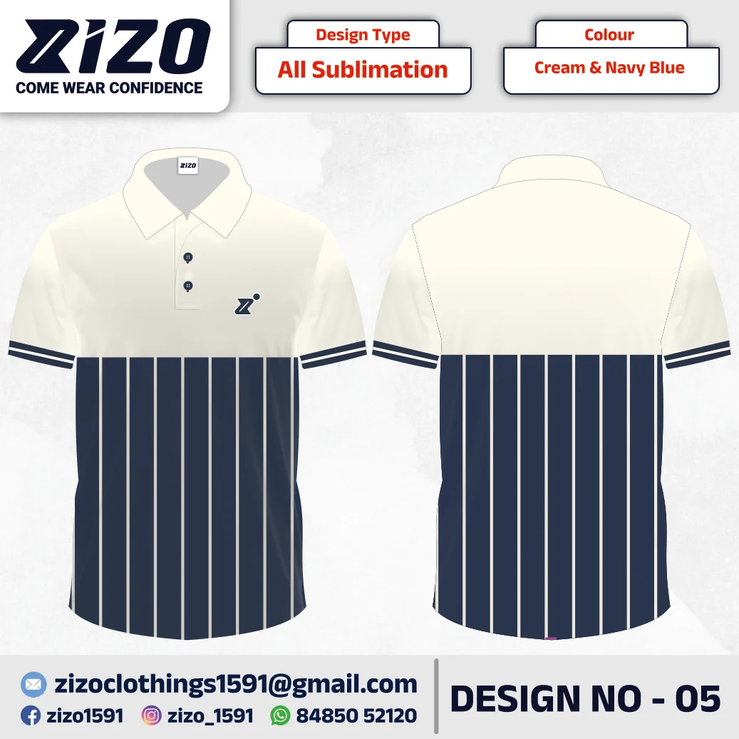 ZIZO T-shirt 05 catalogue mockup showing front and back views in Cream & Navy Blue