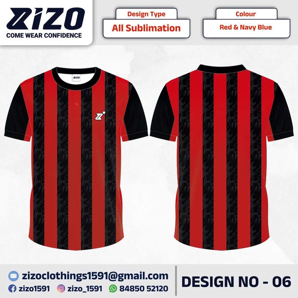 ZIZO T-shirt 06 catalogue mockup showing front and back views in Red & Navy Blue