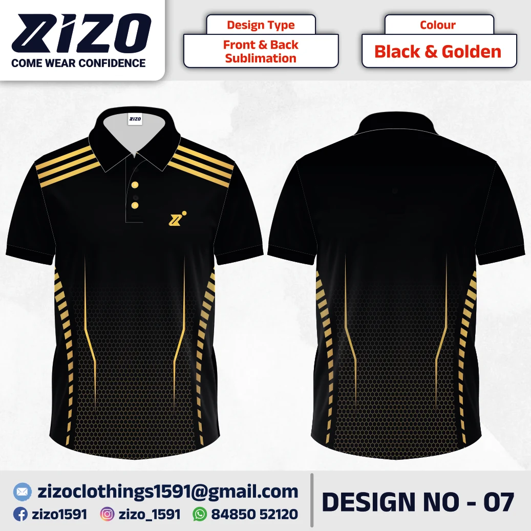 ZIZO T-shirt 07 catalogue mockup showing front and back views in Black & Golden