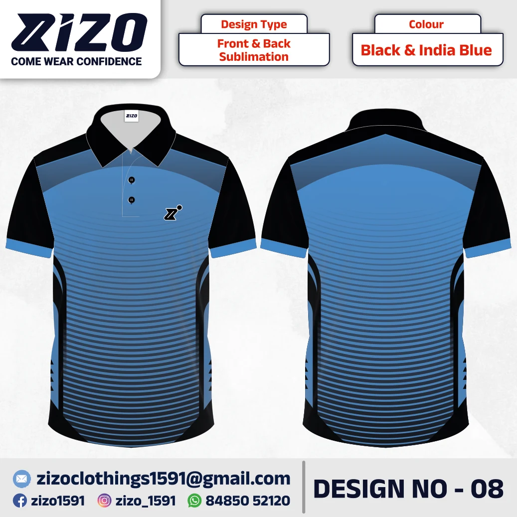 ZIZO T-shirt 08 catalogue mockup showing front and back views in Black & India Blue
