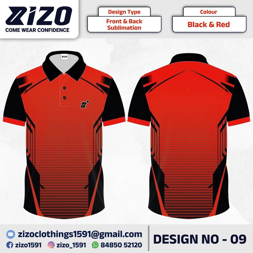 ZIZO T-shirt 09 catalogue mockup showing front and back views in Black & Red