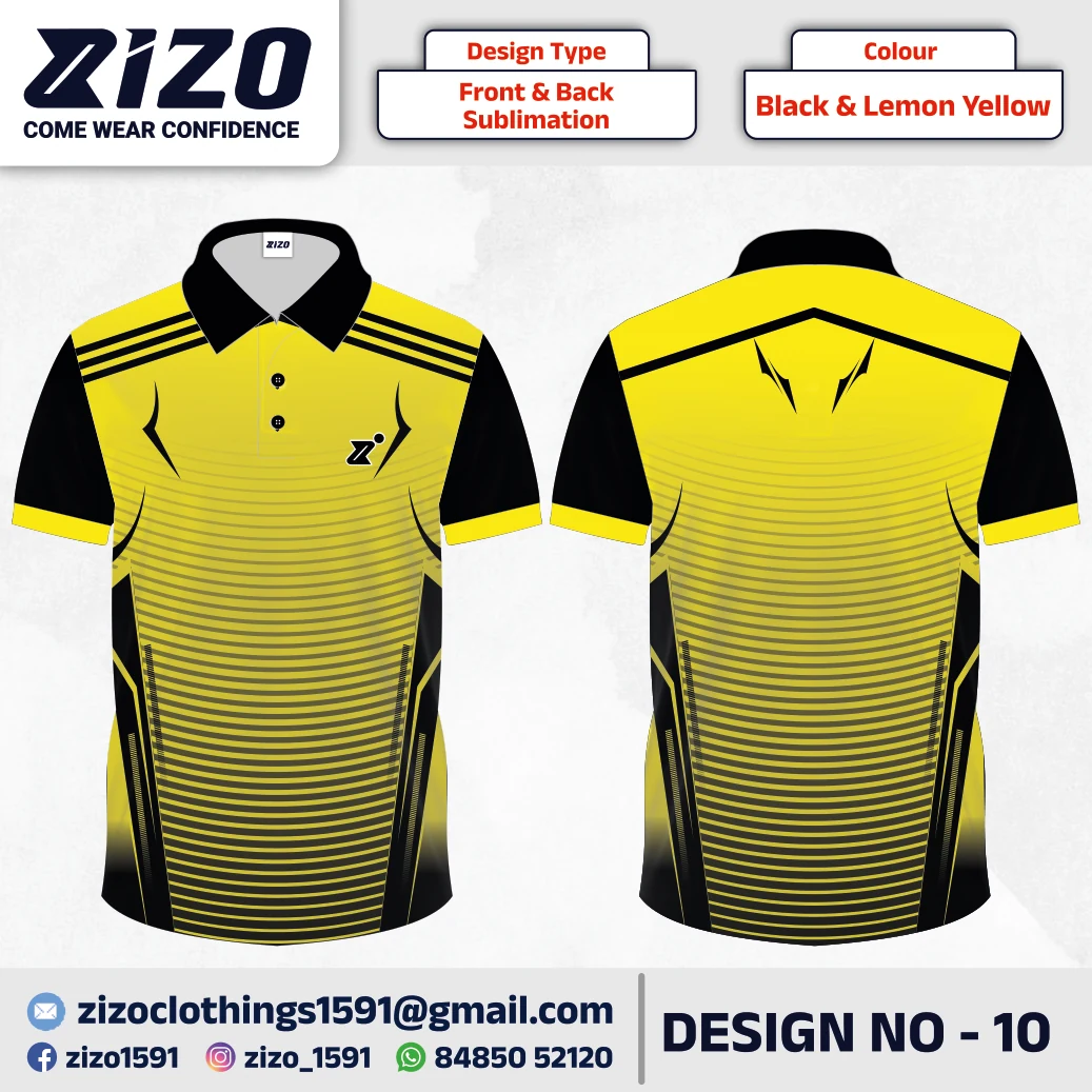 ZIZO T-shirt 10 catalogue mockup showing front and back views in Black & Lemon Yellow
