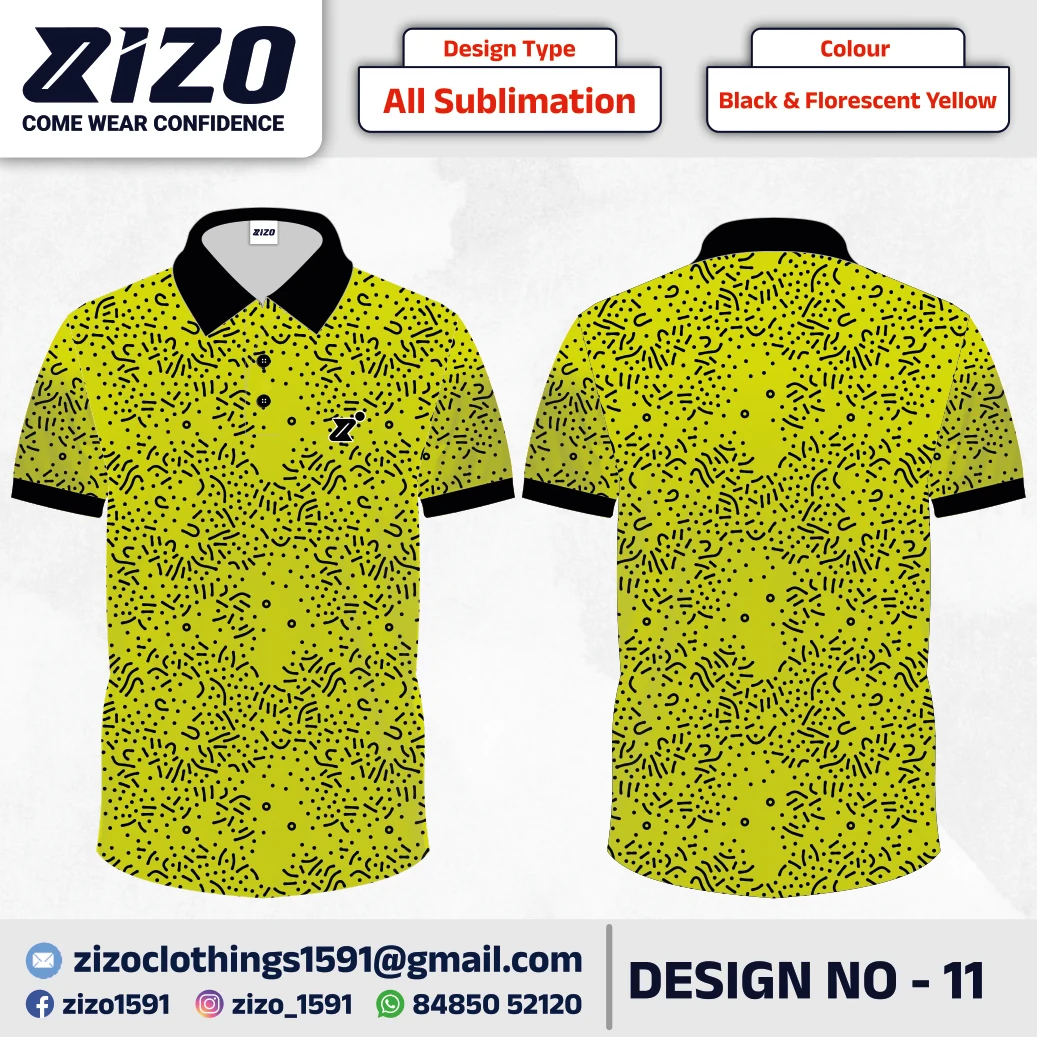 ZIZO T-shirt 11 catalogue mockup showing front and back views in Black & Florescent Yellow