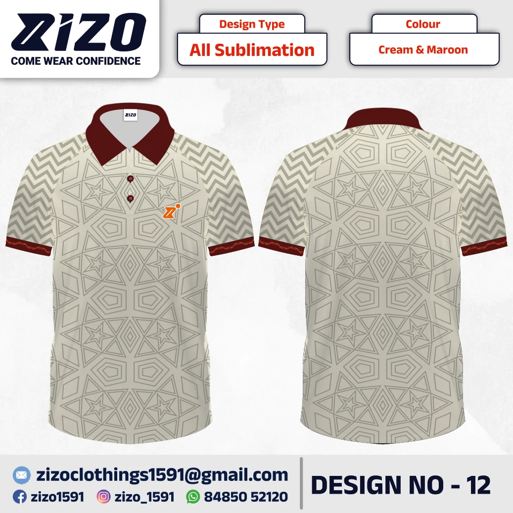 ZIZO T-shirt 12 catalogue mockup showing front and back views in Cream & Maroon