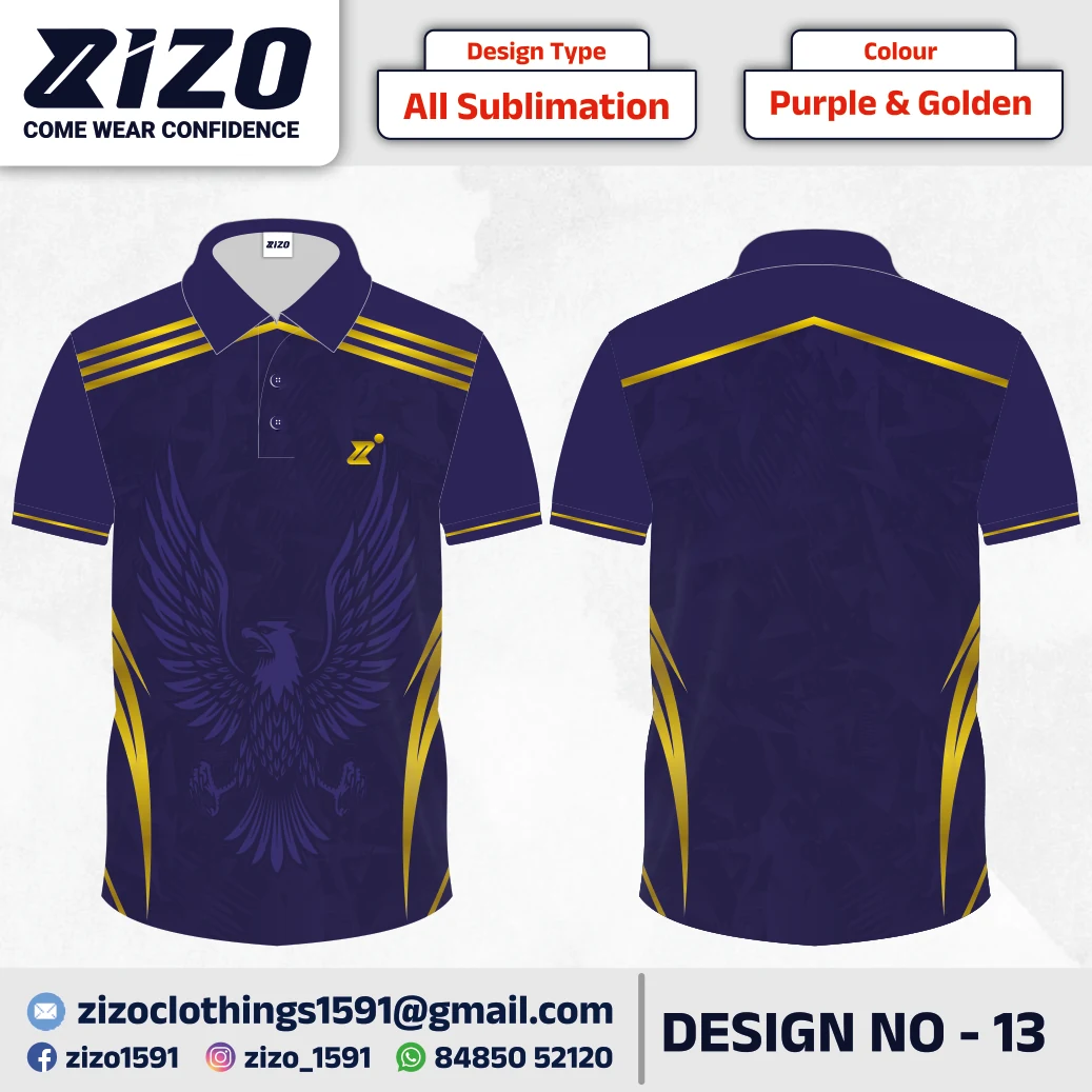 ZIZO T-shirt 13 catalogue mockup showing front and back views in Purple & Golden