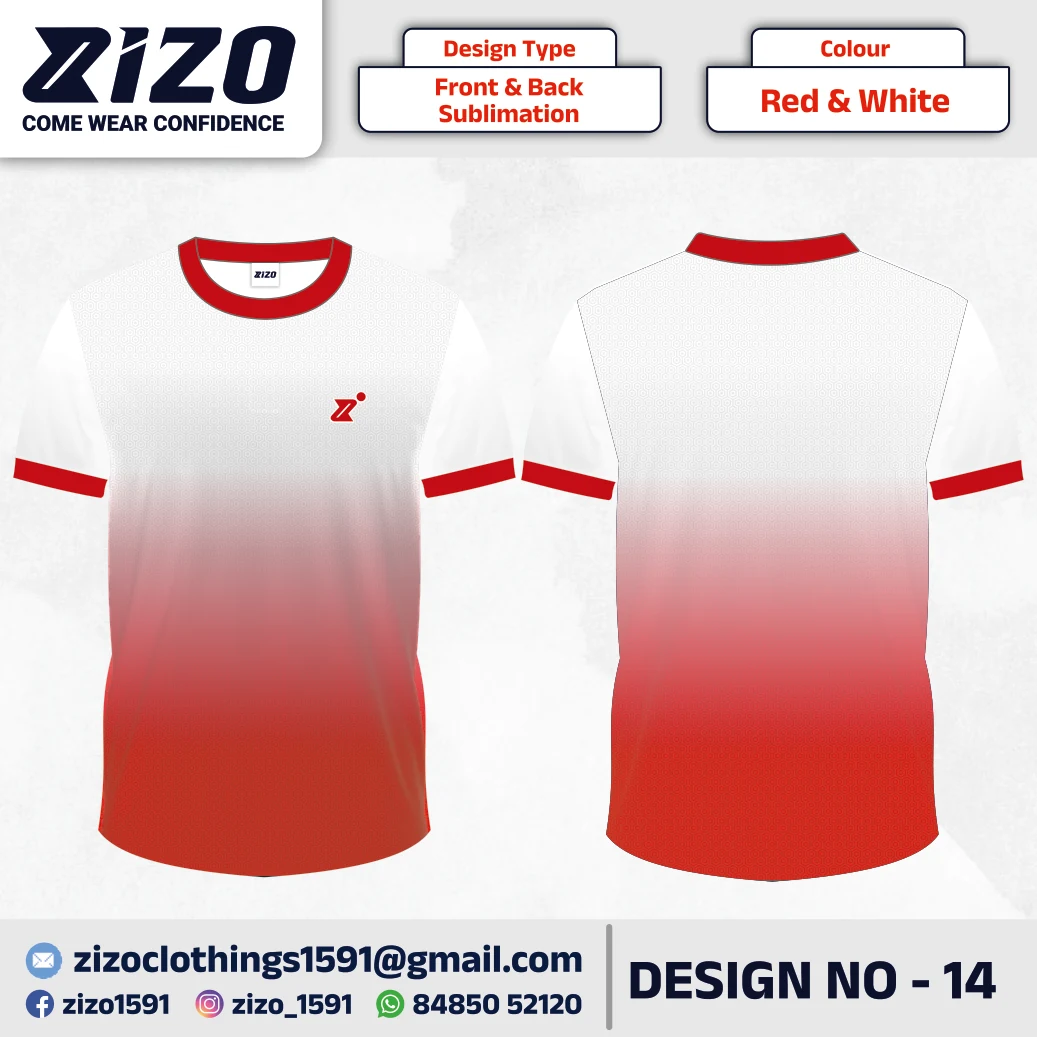 ZIZO T-shirt 14 catalogue mockup showing front and back views in Red & White