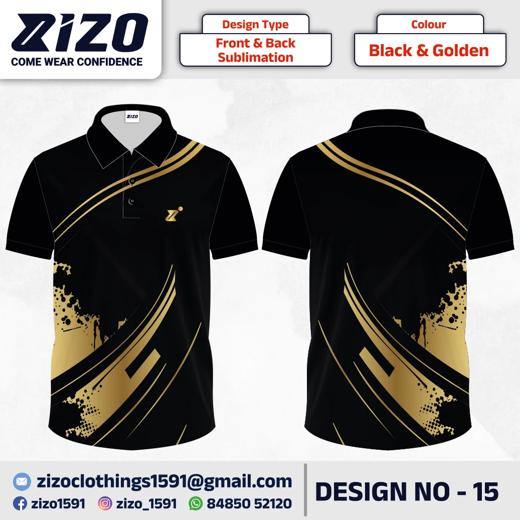 ZIZO T-shirt 15 catalogue mockup showing front and back views in Black & Golden