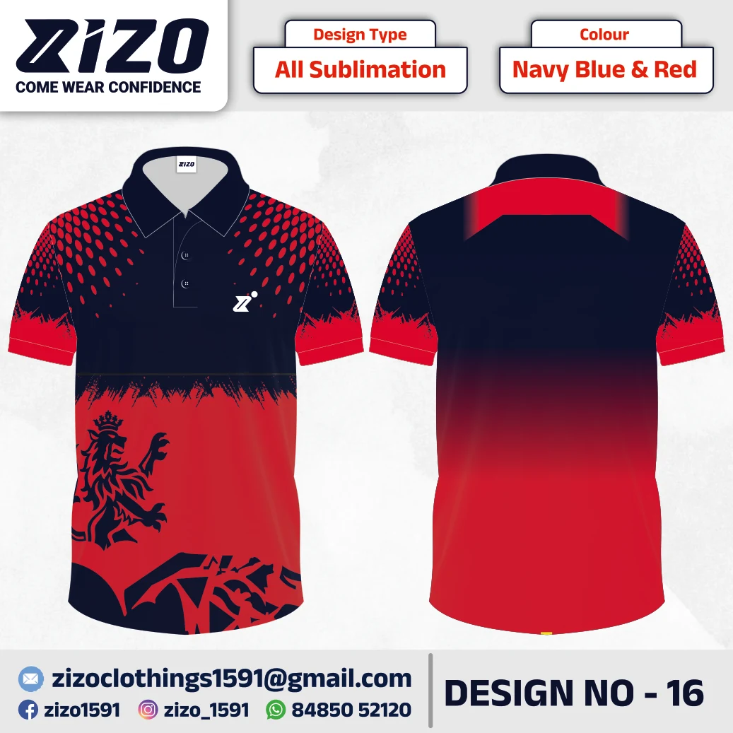 ZIZO T-shirt 16 catalogue mockup showing front and back views in Navy Blue & Red