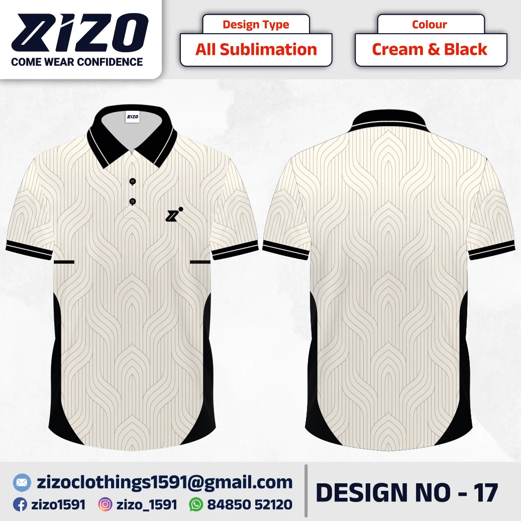ZIZO T-shirt 17 catalogue mockup showing front and back views in Cream & Black