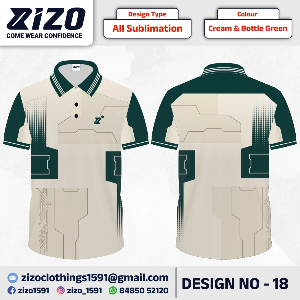 ZIZO T-shirt 18 catalogue mockup showing front and back views in Cream & Bottle Green