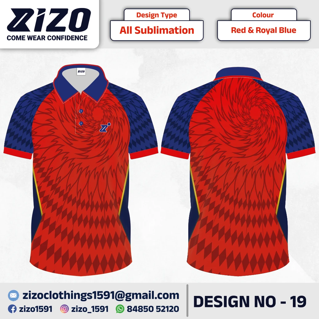 ZIZO T-shirt 19 catalogue mockup showing front and back views in Red & Royal Blue