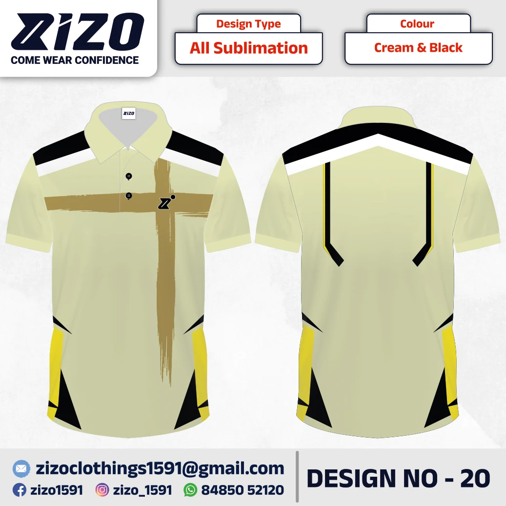 ZIZO T-shirt 20 catalogue mockup showing front and back views in Cream & Black