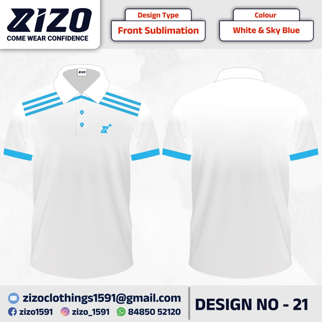 ZIZO T-shirt 21 catalogue mockup showing front and back views in White & Sky Blue