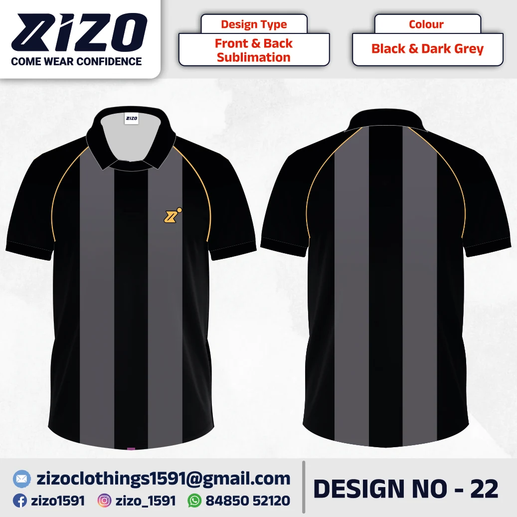 ZIZO T-shirt 22 catalogue mockup showing front and back views in Black & Dark Grey