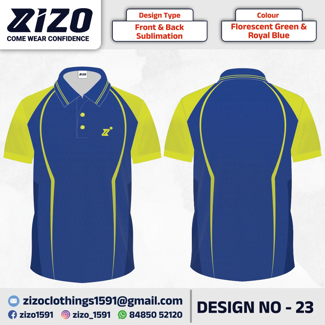 ZIZO T-shirt 23 catalogue mockup showing front and back views in Florescent Green & Royal Blue