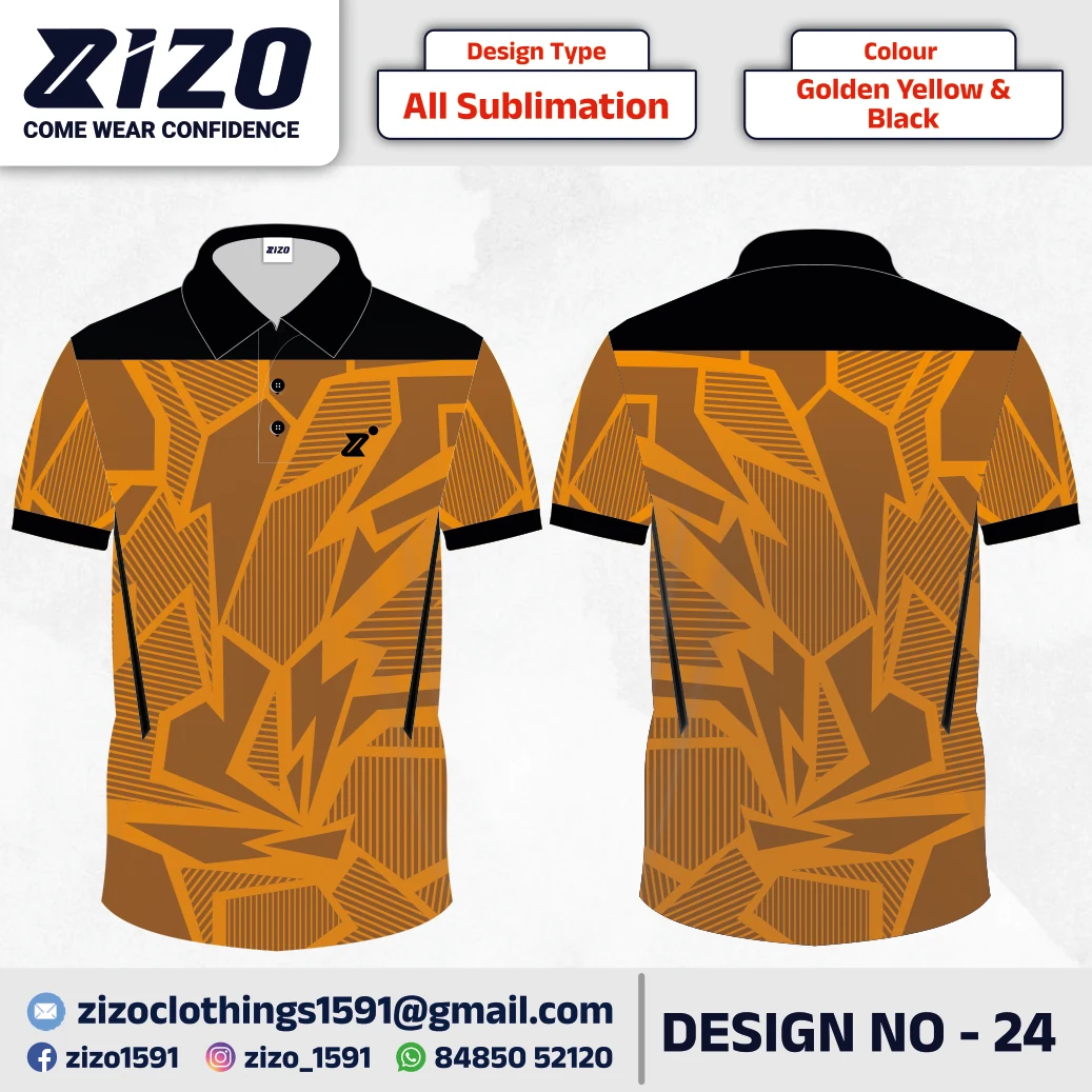 ZIZO T-shirt 24 catalogue mockup showing front and back views in Golden Yellow & Black