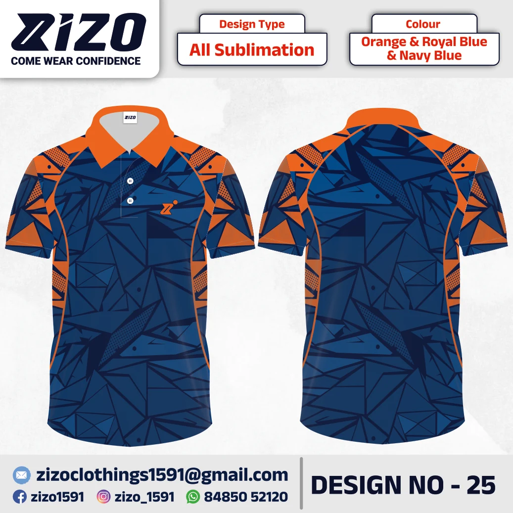 ZIZO T-shirt 25 catalogue mockup showing front and back views in Orange & Royal Blue & Navy Blue