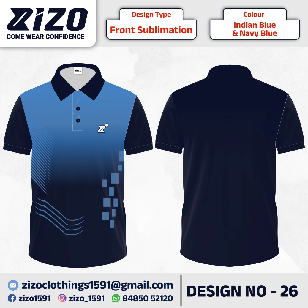 ZIZO T-shirt 26 catalogue mockup showing front and back views in Indian Blue & Navy Blue
