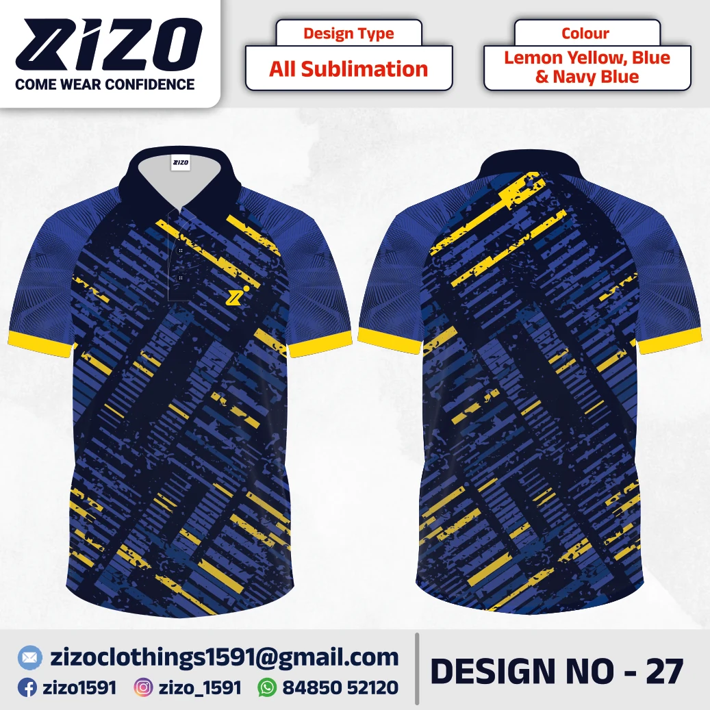 ZIZO T-shirt 27 catalogue mockup showing front and back views in Lemon Yellow, Blue & Navy Blue