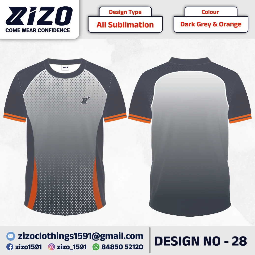 ZIZO T-shirt 28 catalogue mockup showing front and back views in Dark Grey & Orange