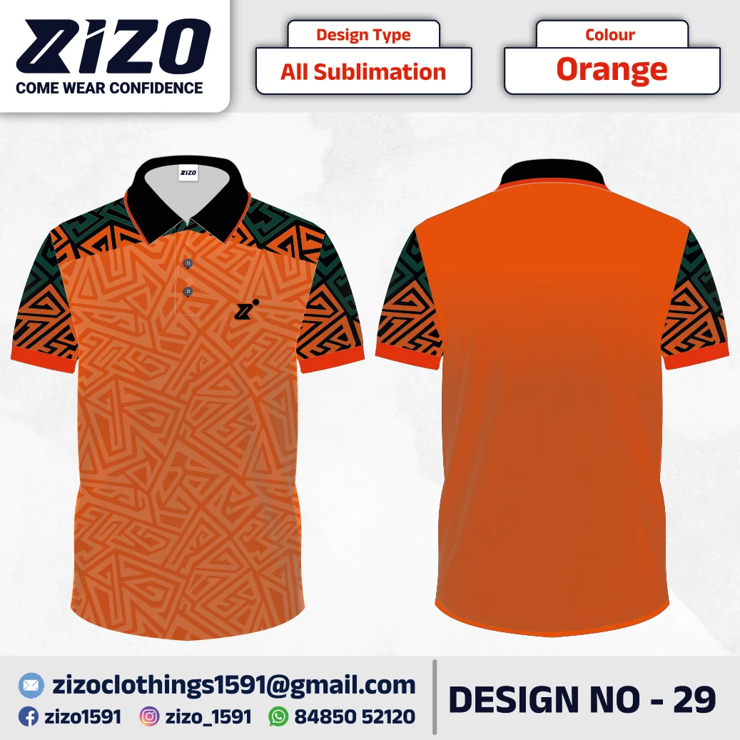 ZIZO T-shirt 29 catalogue mockup showing front and back views in Orange