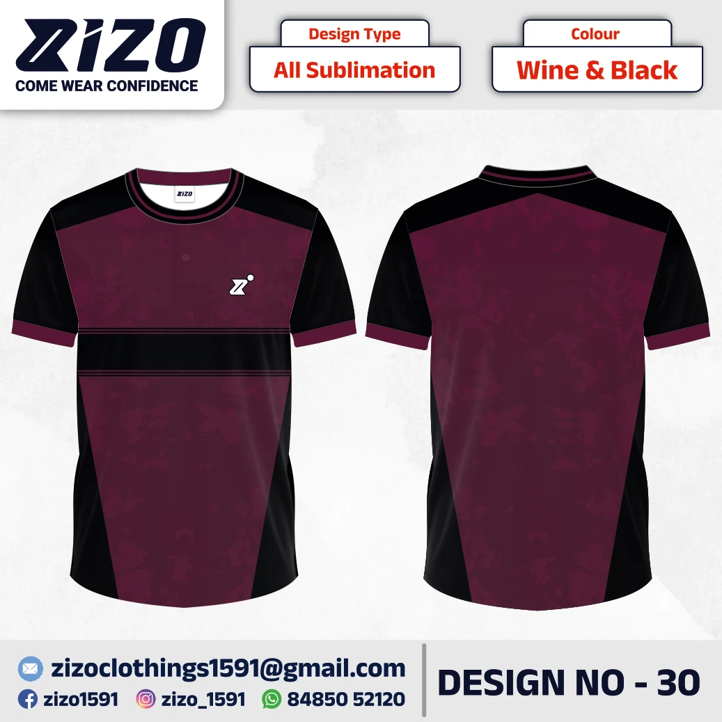 ZIZO T-shirt 30 catalogue mockup showing front and back views in Wine & Black