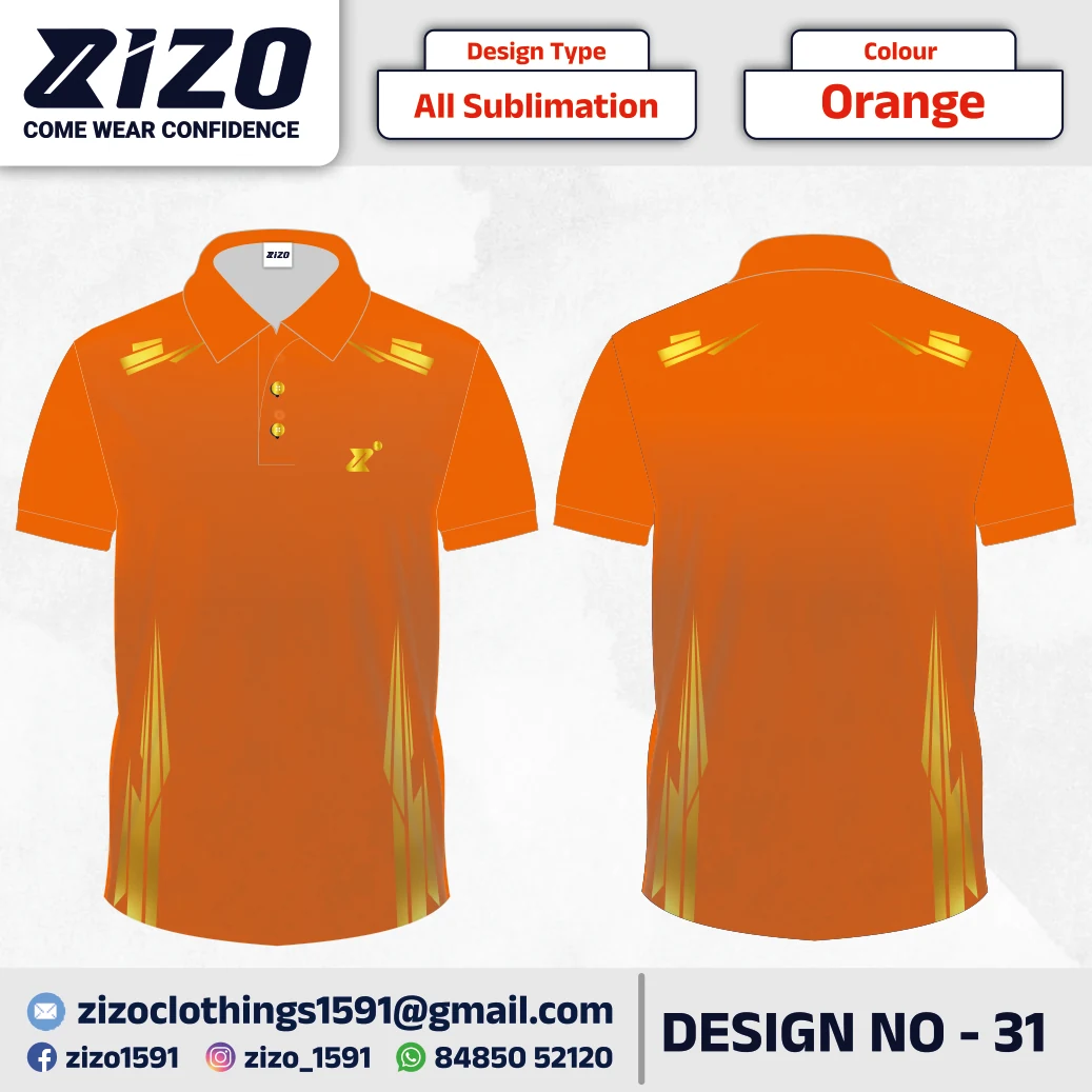 ZIZO T-shirt 31 catalogue mockup showing front and back views in Orange