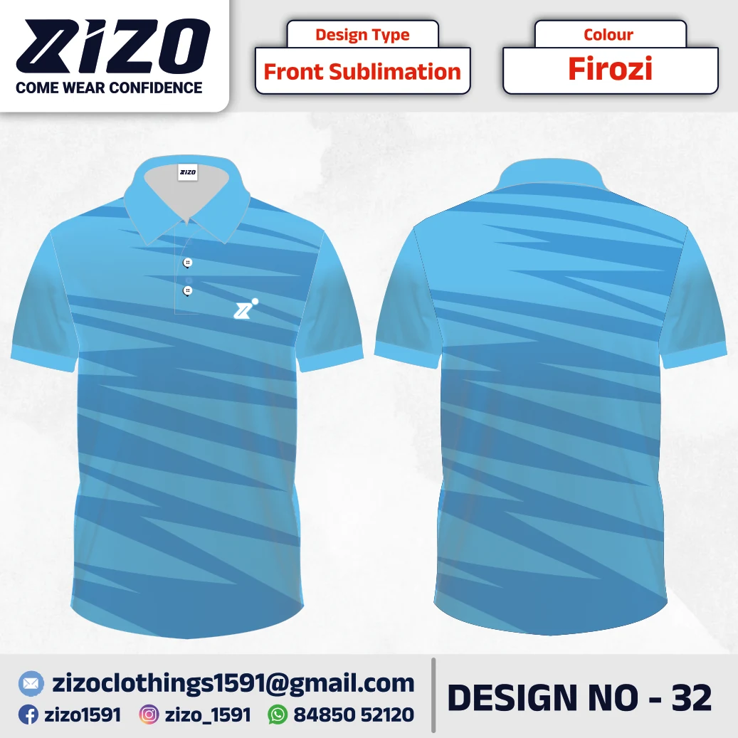 ZIZO T-shirt 32 catalogue mockup showing front and back views in Firozi