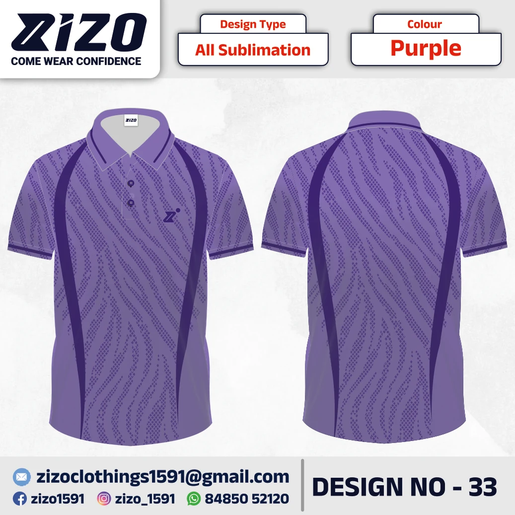ZIZO T-shirt 33 catalogue mockup showing front and back views in Purple