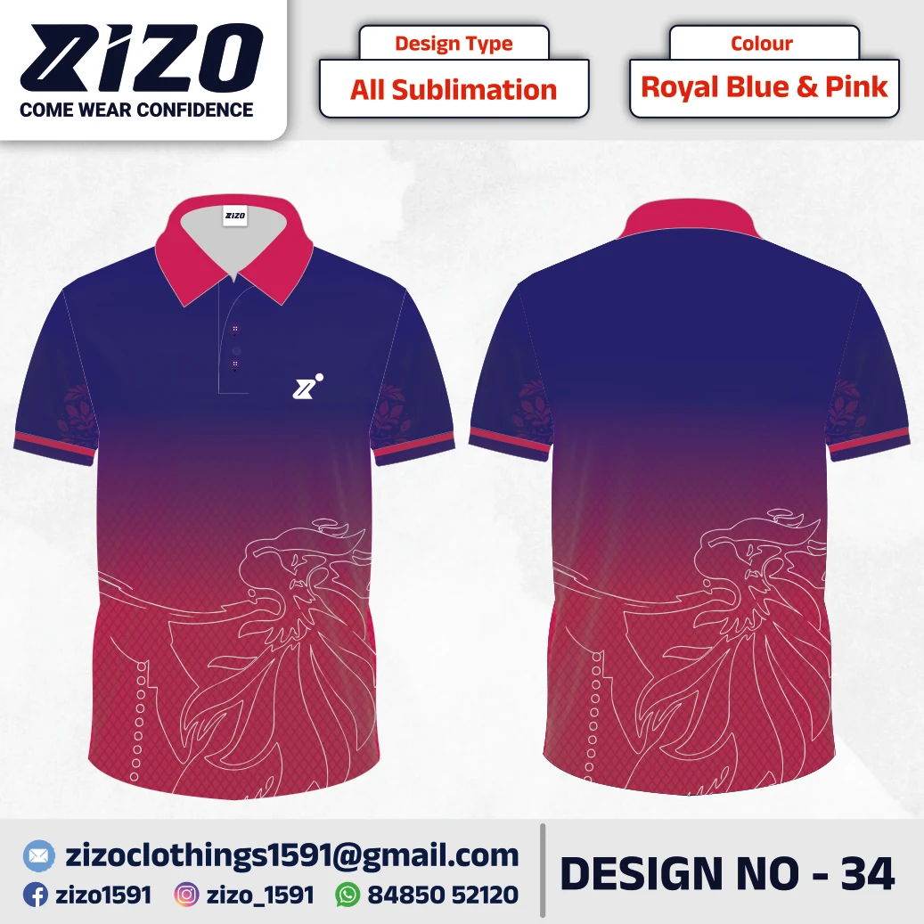ZIZO T-shirt 34 catalogue mockup showing front and back views in Royal Blue & Pink