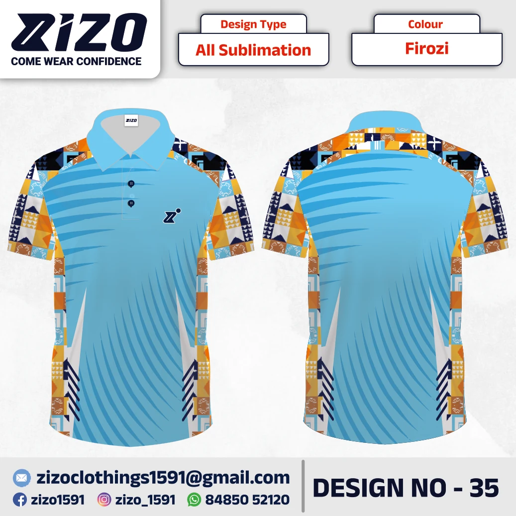 ZIZO T-shirt 35 catalogue mockup showing front and back views in Firozi