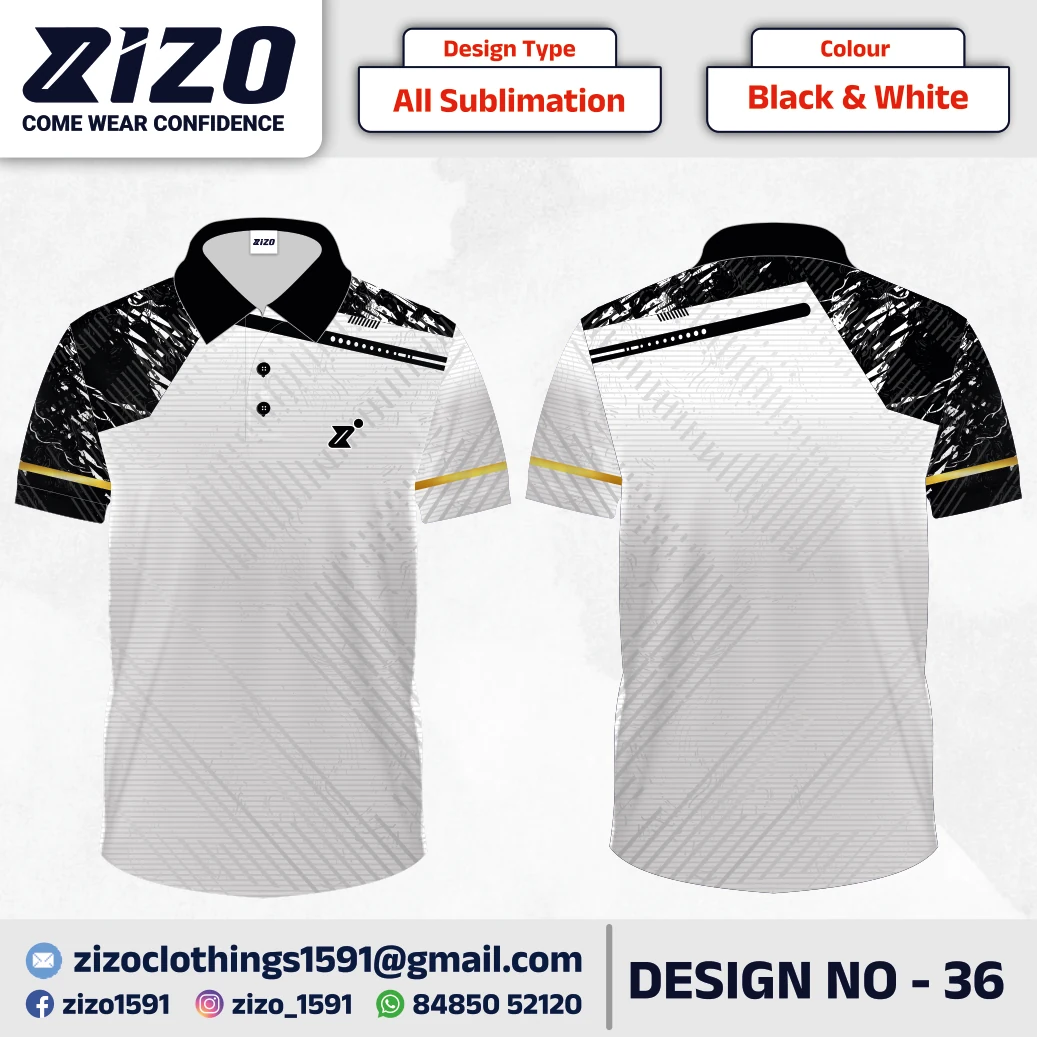 ZIZO T-shirt 36 catalogue mockup showing front and back views in Black & White