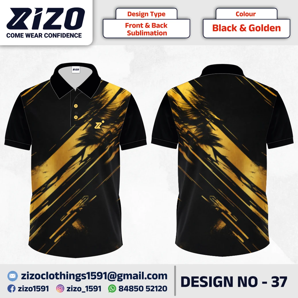 ZIZO T-shirt 37 catalogue mockup showing front and back views in Black & Golden