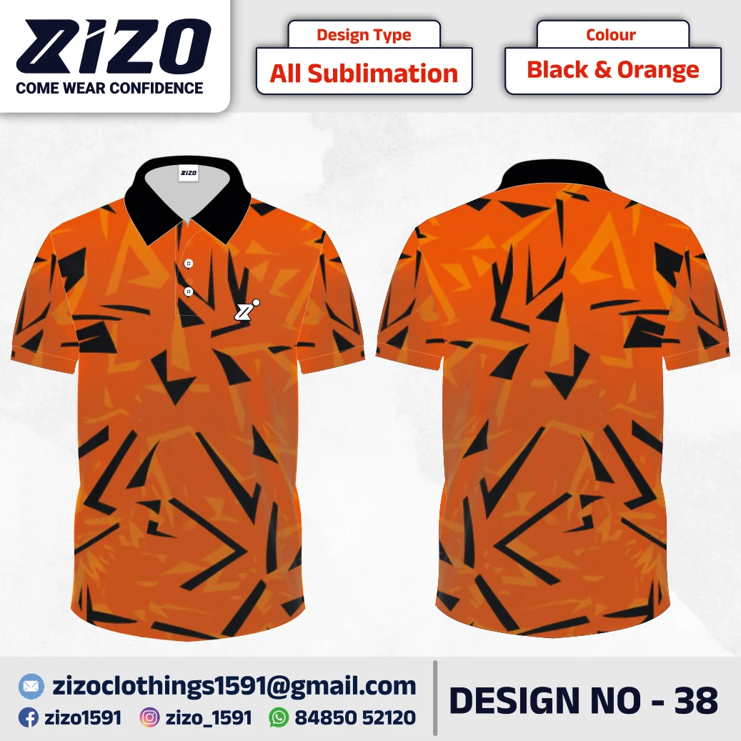 ZIZO T-shirt 38 catalogue mockup showing front and back views in Black & Orange
