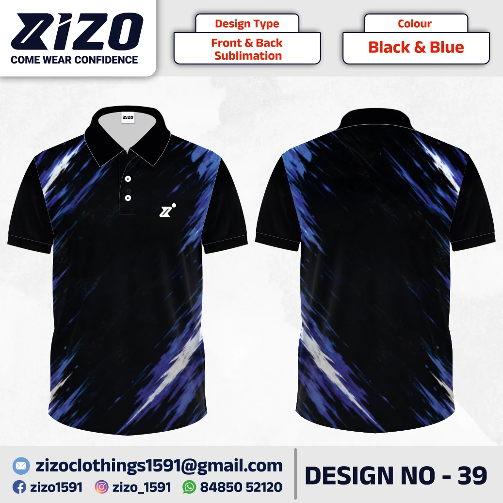 ZIZO T-shirt 39 catalogue mockup showing front and back views in Black & Blue