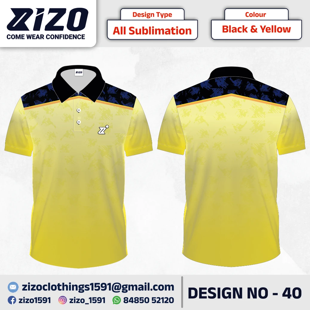 ZIZO T-shirt 40 catalogue mockup showing front and back views in Black & Yellow