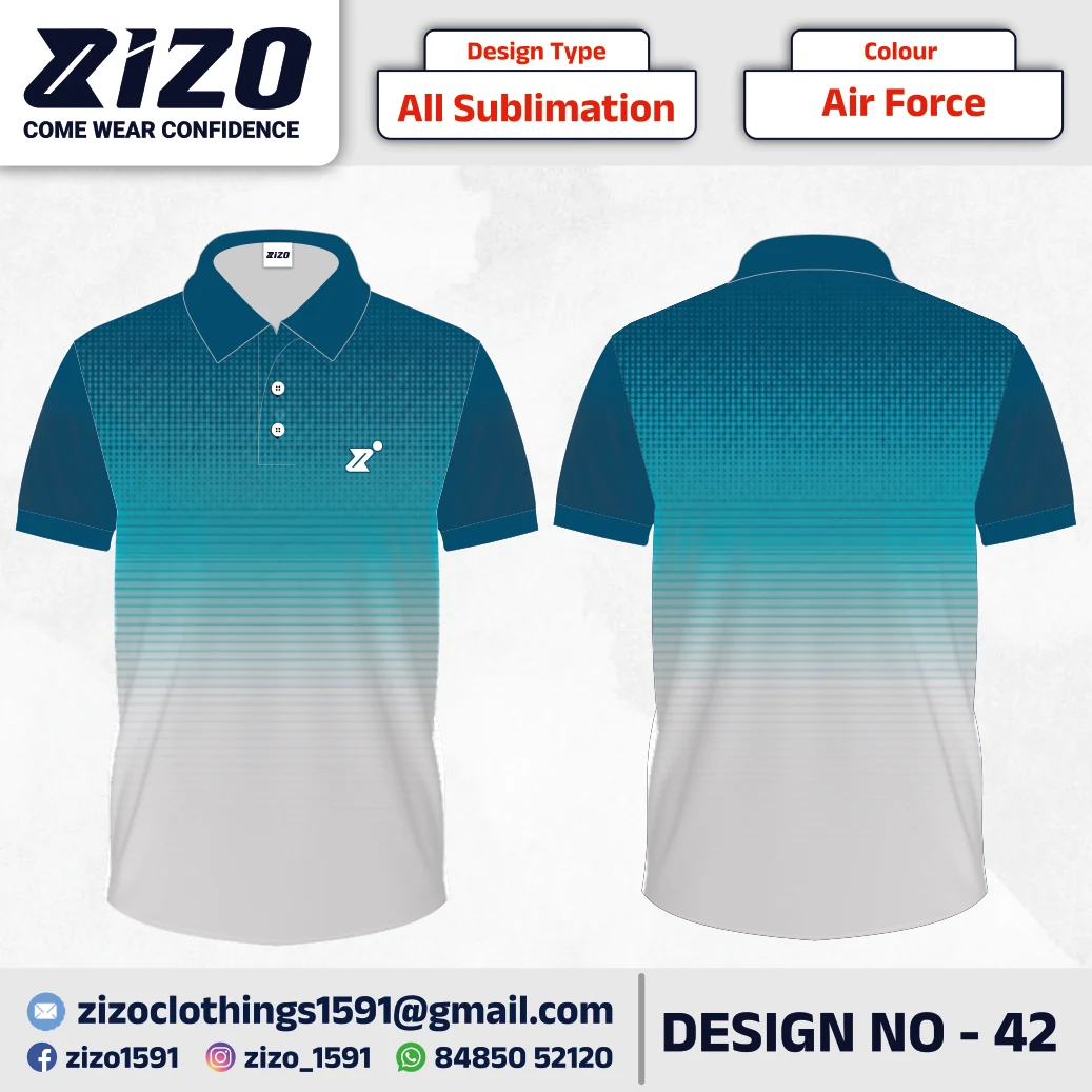 ZIZO T-shirt 42 catalogue mockup showing front and back views in Air Force