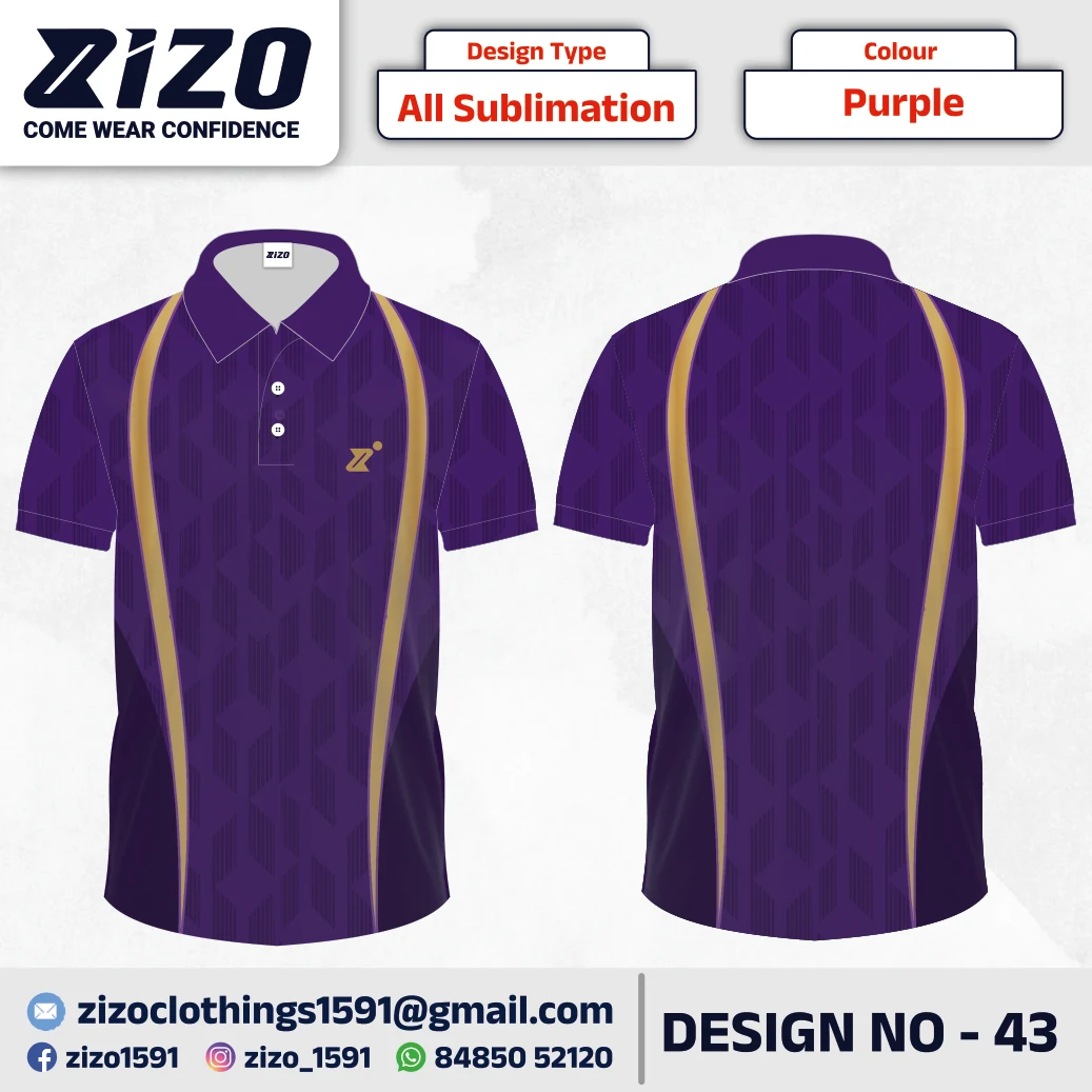 ZIZO T-shirt 43 catalogue mockup showing front and back views in Purple