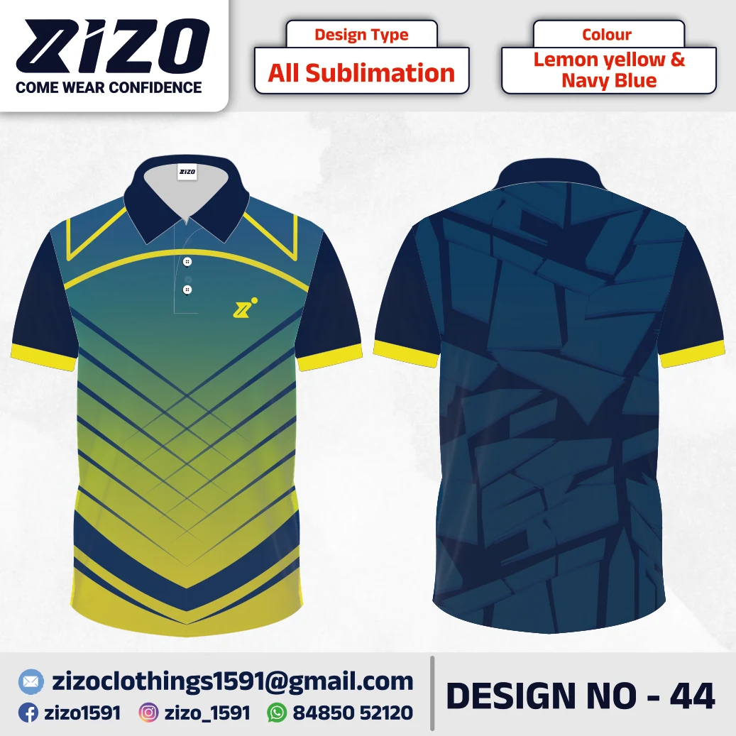 ZIZO T-shirt 44 catalogue mockup showing front and back views in Lemon yellow & Navy Blue