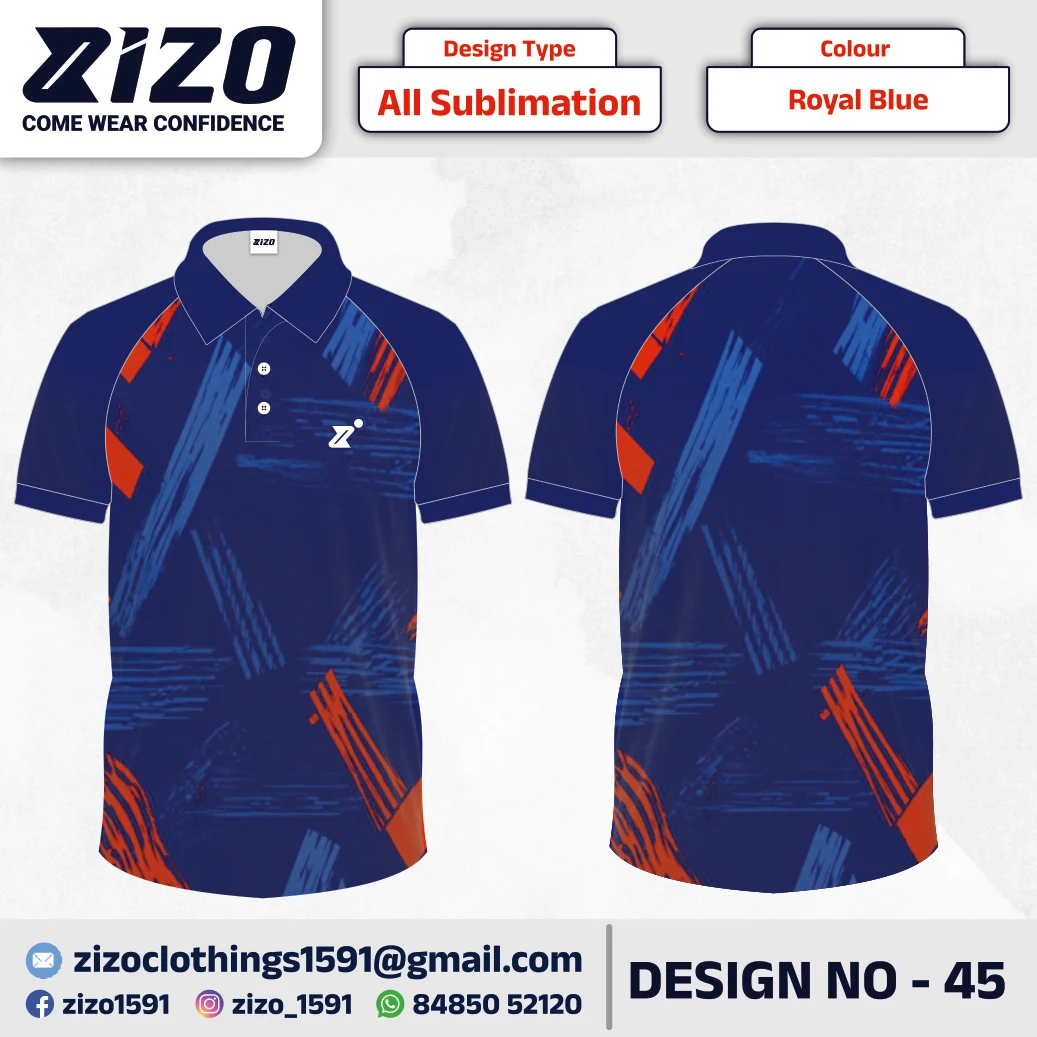 ZIZO T-shirt 45 catalogue mockup showing front and back views in Royal Blue