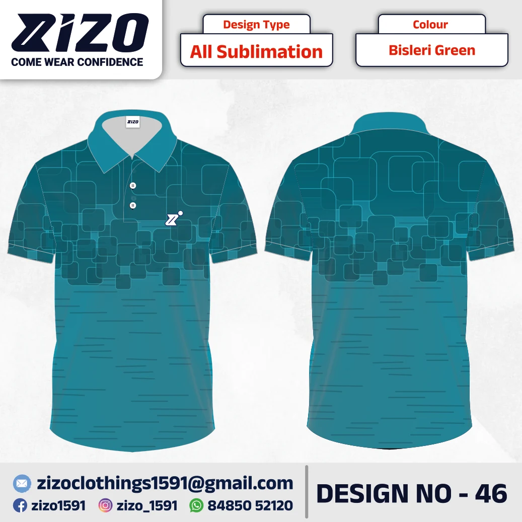 ZIZO T-shirt 46 catalogue mockup showing front and back views in Bisleri Green