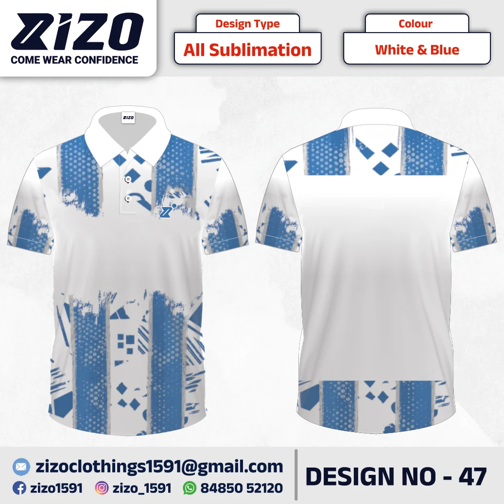 ZIZO T-shirt 47 catalogue mockup showing front and back views in White & Blue