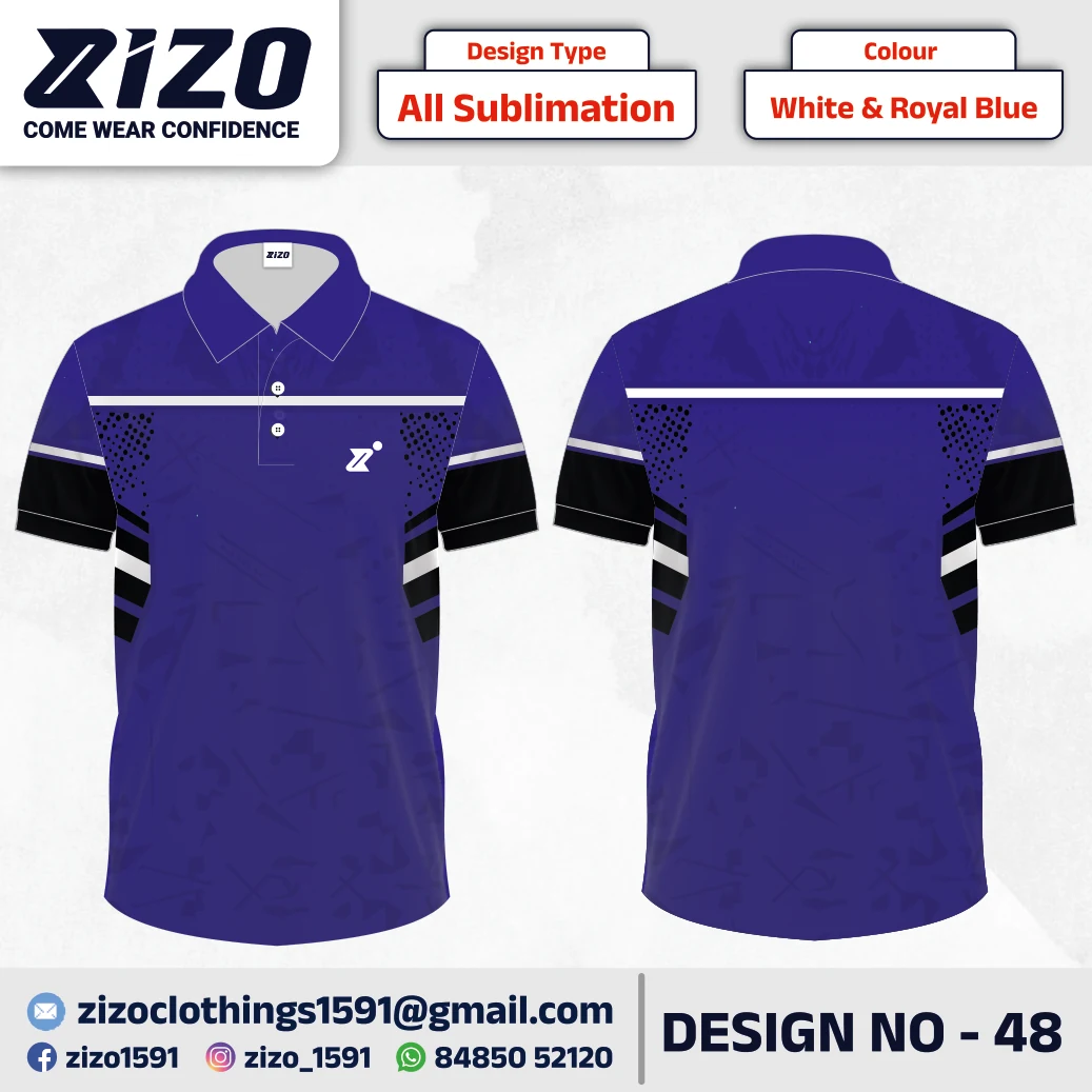 ZIZO T-shirt 48 catalogue mockup showing front and back views in White & Royal Blue