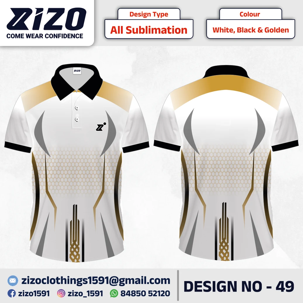 ZIZO T-shirt 49 catalogue mockup showing front and back views in White, Black & Golden