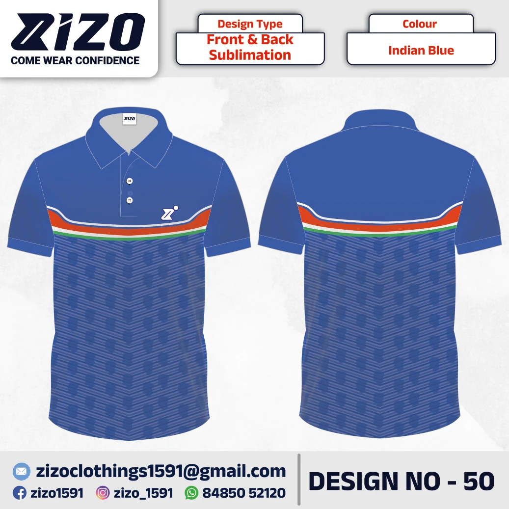ZIZO T-shirt 50 catalogue mockup showing front and back views in Indian Blue